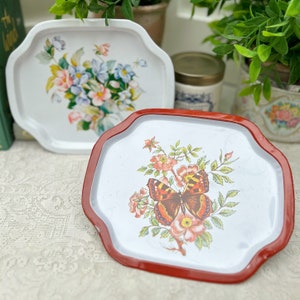 Vintage Metal Tin Floral Butterfly Trinket Tray Red And White Hong Kong