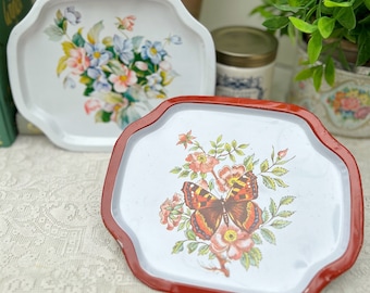 Vintage Metal Tin Floral Butterfly Trinket Tray Red And White Hong Kong