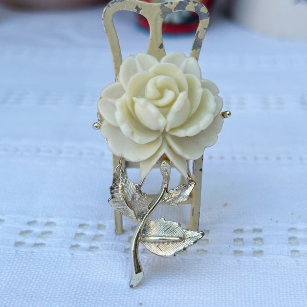 Vintage Ivory Rose Celluloid Flower Floral Brooch Pin Estate Gold Tone