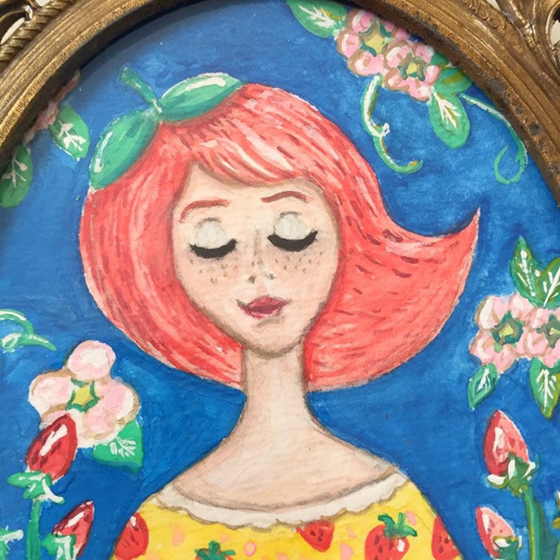 Whimsical Girl Illustration with a Strawberry Floral background wall art decor brass ornate framed painting image 2