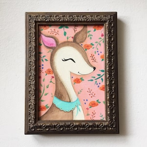 Whimsical Deer Fawn Illustration with a Floral background wall art decor framed