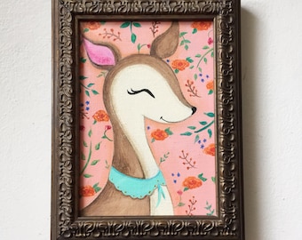 Whimsical Deer Fawn Illustration with a Floral background wall art decor framed