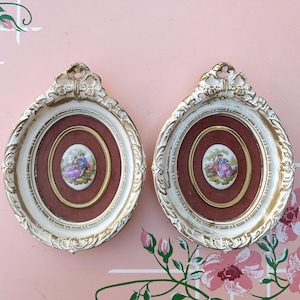 Vintage Renaissance Courting Couple Picture Framed Porcelain Cameo Velvet 2