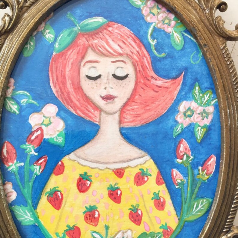 Whimsical Girl Illustration with a Strawberry Floral background wall art decor brass ornate framed painting image 4