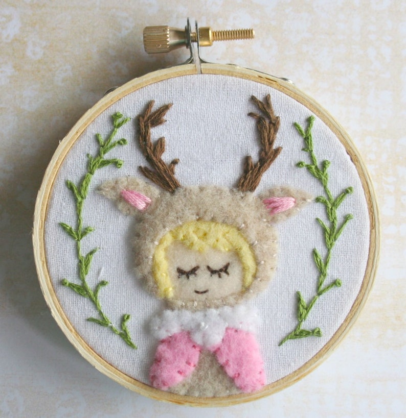 Woodland Deer Girl Embroidered Art Hoop