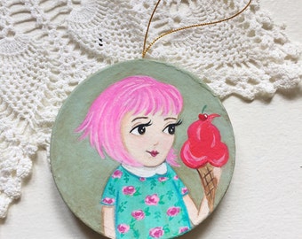 I Scream for Ice Cream Hand Painted Ornament Pink Hair Girl Valentine Heart Cone