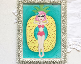 A Day At The Pool On A Pineapple Floatie -  Whimisical Handpainted Art Framed