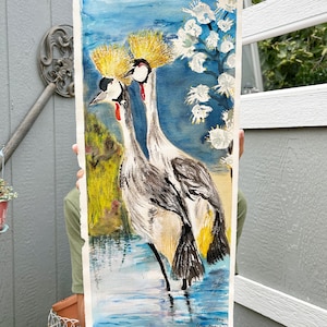Dipinto ad acquerello originale "Gru coronata africana" firmato 22,5" X 10,25" Arte