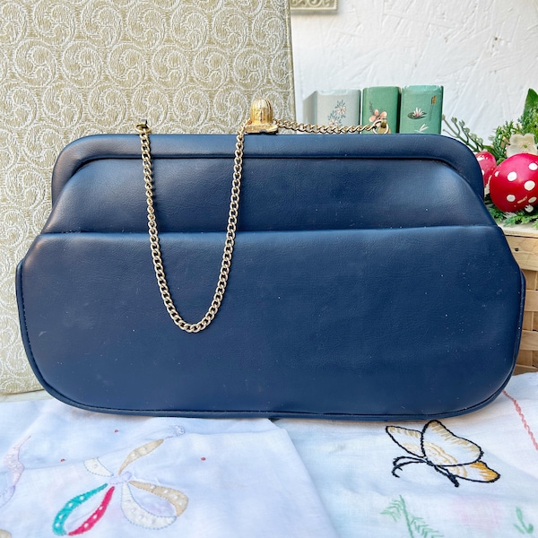 Vintage Retro Navy Blue Vinyl Top Handle Convertible Clutch Handbag Purse 1950’s