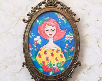 Whimsical Girl Illustration with a Strawberry Floral background wall art decor brass ornate framed painting