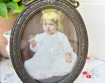 Antique Oval Glass Brass Picture Photo Frame Baby 5.75 x 3.25