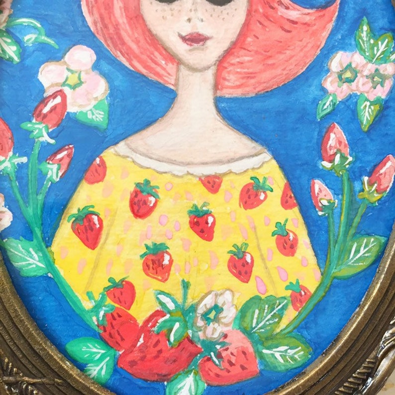 Whimsical Girl Illustration with a Strawberry Floral background wall art decor brass ornate framed painting image 3
