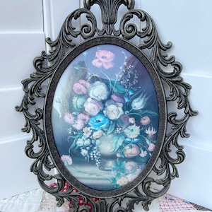 Vintage Floral Oval Messing Ton Metallrahmen Bubble Convex Glas Italien 13 X 10