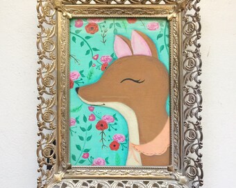 Whimsical Deer Fox Illustration with a Floral background wall art decor framed