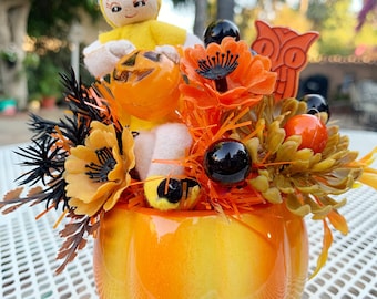 Vintage Halloween Owl Pixie Pumpkin Holiday Decor Plastic Flower