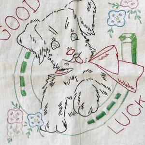 Vintage Embroidered Good Luck Dog Linen Tea Towel Sewing Craft