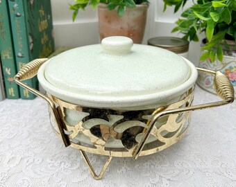 Bauer Light Green Spatter MCM California Pottery Covered Casserole Brass Stand