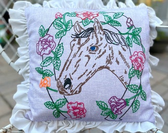 Vintage Handmade Embroidered Pillow Ruffle Edge Good Luck Horse Horseshoe