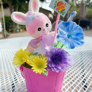 Vintage Easter Spring Bunny Rabbit Kitsch Holiday Decor Plastic Flower