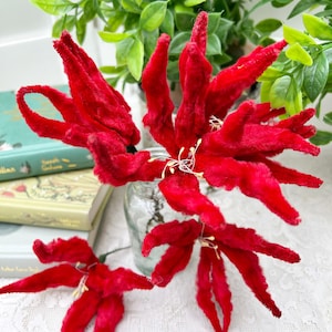 Vintage Chenille Velvet Red Poinsettias Stems Picks Decor Set Of 5