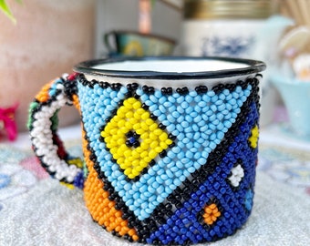 Tribal Enamel Blue Red Multi Color Beaded Mug African Zulu Beaded Cup Mug 2.25”