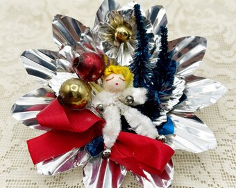 Vintage Christmas Reflector Ornament Angel Bow Cotton Spun Holiday