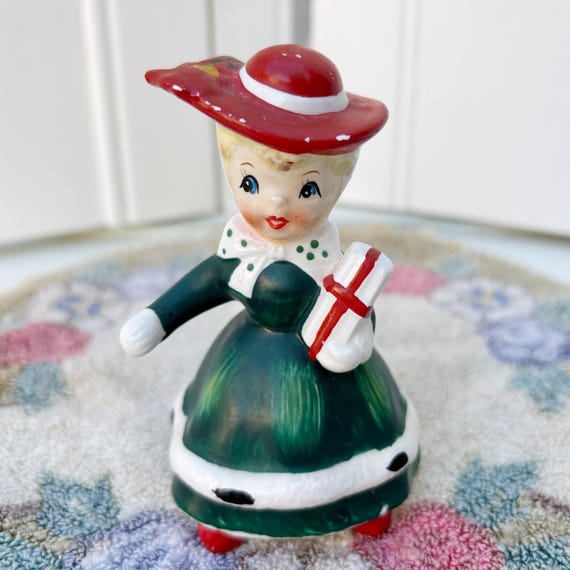 Vintage Lefton Christmas Shopper Woman Salt Pepper Shaker #850