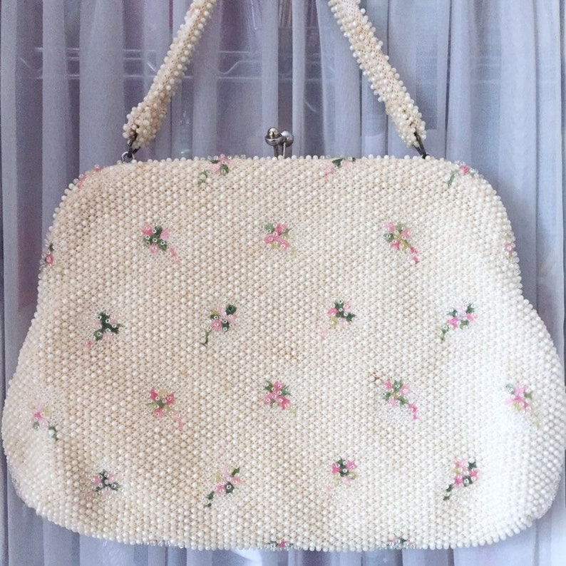 Vintage CORDE BEAD Lumured White Pink Beaded Floral Handbag - Etsy
