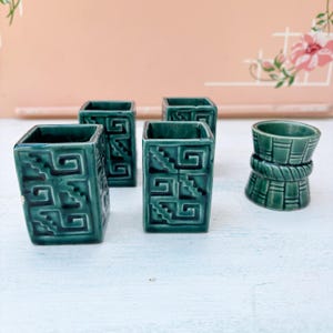 MCM Forest Green Toothpick Holder Pottery Vases Mid Century Modern Aztec Design
