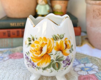 Vintage Footed Cracked Egg Vase Ceramic Hand Painted Yellow Floral Gold Japan