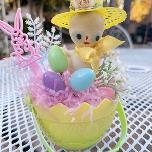 Vintage Easter Spring Chick Bird Holiday Decor Plastic Flower Flocked