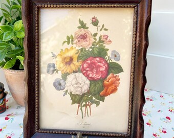 J.L. Prevost Framed Print Bouquet of Flowers Floral Art Wooden Framed Vintage Botanical