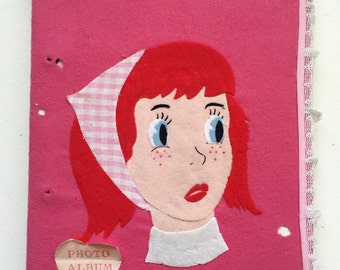 Vintage Felt Big Eyed Girl Photo Album Pink Japan Kitsch Scrapbook