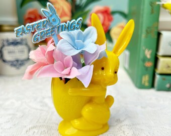 Vintage Yellow Easter Bunny Rabbit Hard Plastic Candy Container Rosbro Floral