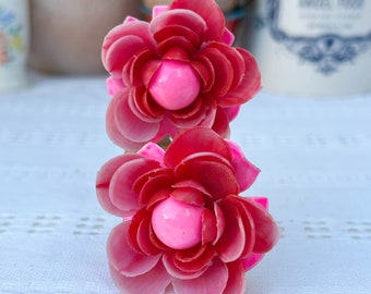 Vintage Rosa Emaille Zelluloid Blume Floral Retro Ohrringe zum Anklipsen