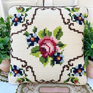 Vintage Floral Rose Cross Stitch Pillow Brown Velvet Roses 15” Square