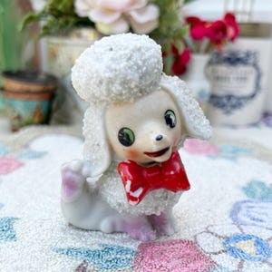 Vintage Poodle Spaghetti Texture With Red Bow Figurine Home Decor 3”