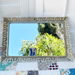 Vintage Hollywood Regency Mirror Dresser Vanity Tray Brass Filigree Decor