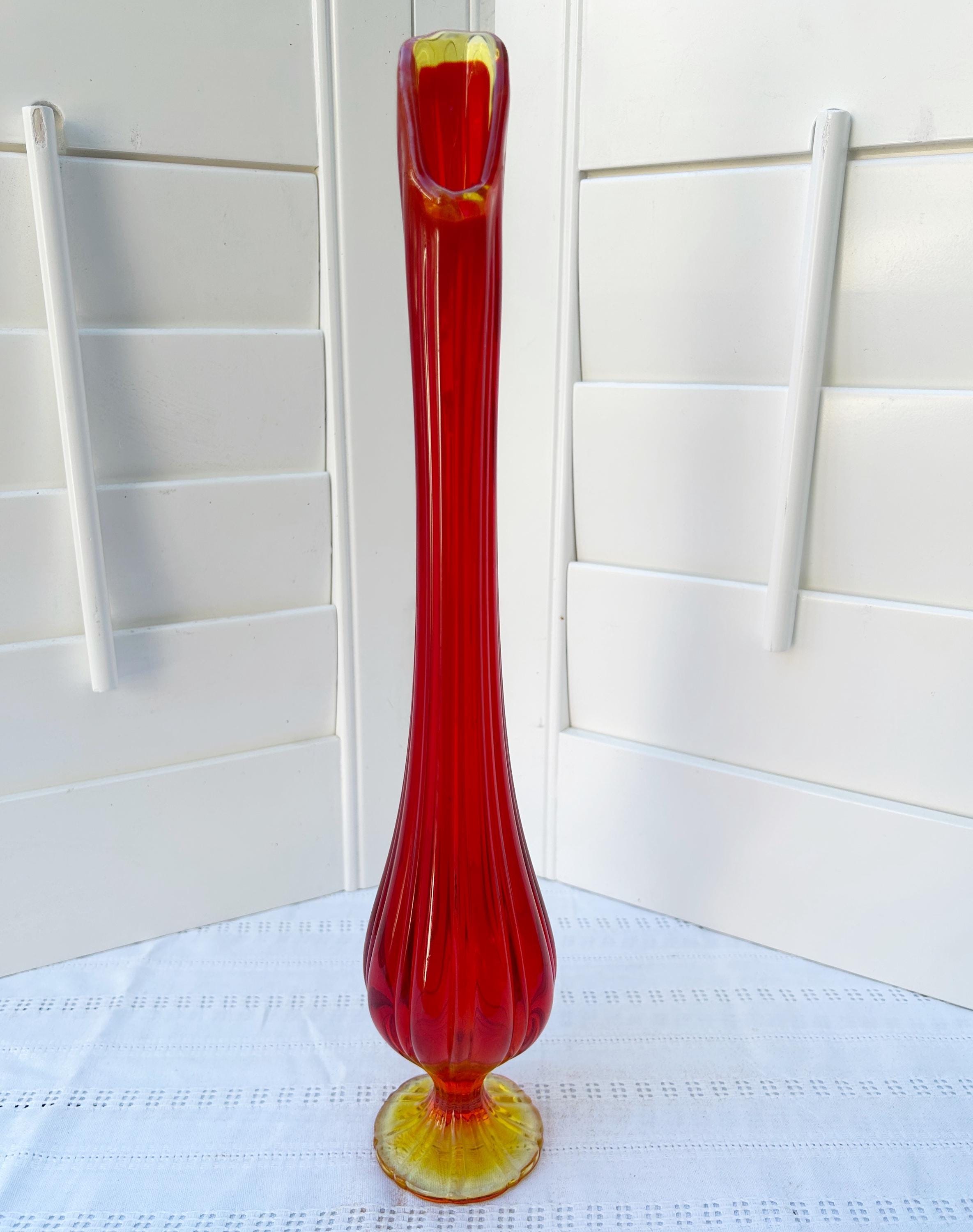L E Smith Glass Swung Ribbed Pedestal Vase Red Amberina Flame MCM