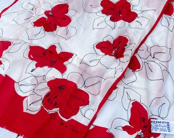 Vintage Oscar de la Renta Rectangular Floral Silk Scarf Fringe Red White Japan