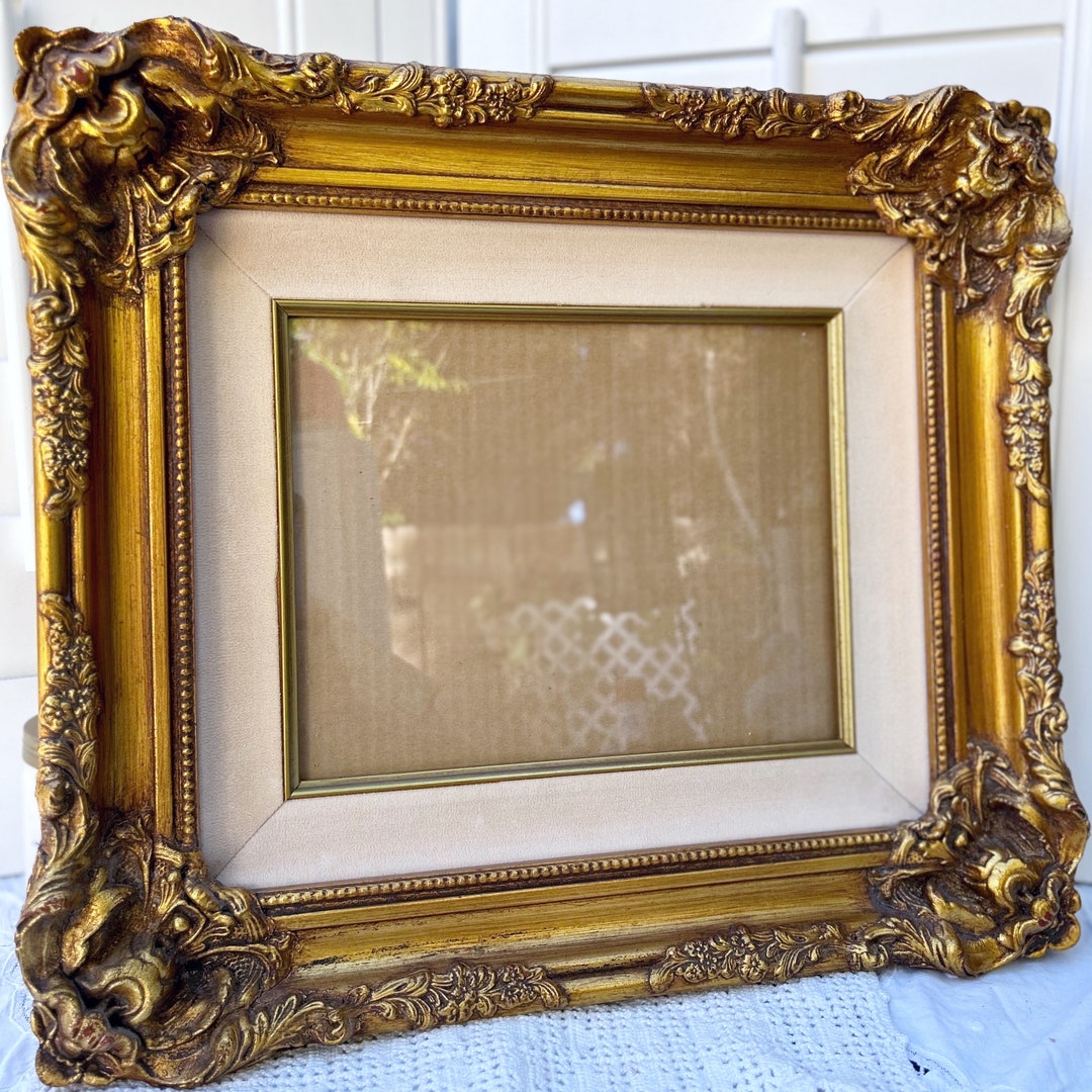 Vintage French Picture Frame Ornate Gold Wood Velvet Hollywood Regency