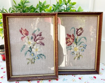 Vintage Framed Floral Flower Bouquet Needlepoint Tapestry Set Of 2