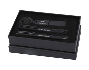 Design #02 - Personalized Gift Box - Metal Pen Roller and Ballpoint Pen, Leather and Metal Keychain