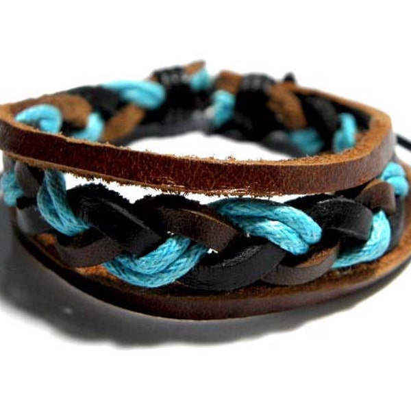 Surfer Bracelet braided leather and hemp turquoise blue white black brown Unisex adjustable