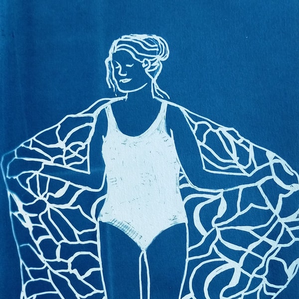 Femme à la serviette (21x29.7 cm) - Cyanotype UNIQUE à partir d'un dessin original avec un encadrement au fil de plomb