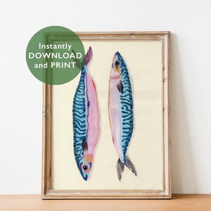 May include: A printable art print featuring a watercolor illustration of two blue and pink fish with black stripes. The fish are arranged vertically, facing each other. The background is a light yellow color.