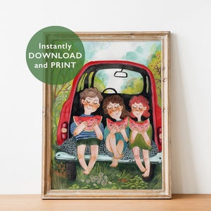 Süßer Sommer Kunstdruck - Kinder mit Wassermelone in rotem LKW - Rustikales Bauernhaus Poster - Kindheitserinnerungen - Vintage roter Pick-Up