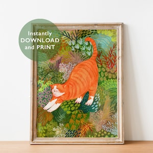 Ginger Cat &#39;Morning Stretch&#39; Art Print: Gouache & Pastel (Digital Download)