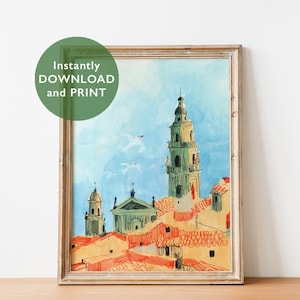 Menton City Skyline | Gouache und Bleistift Kunstwerk | Côte d'Azur Wandkunst | Mediterrane Dekoration