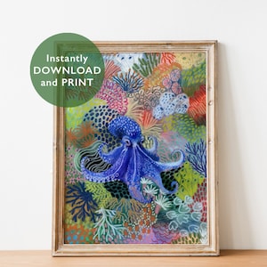 Pastel Octopus Print: Coral Reef Ocean Art (Digital Download)